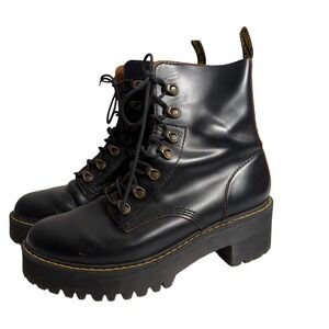 Dr Martens Leona Black Leather Platform Heeled Combat Boots Womens 11 Lace Up